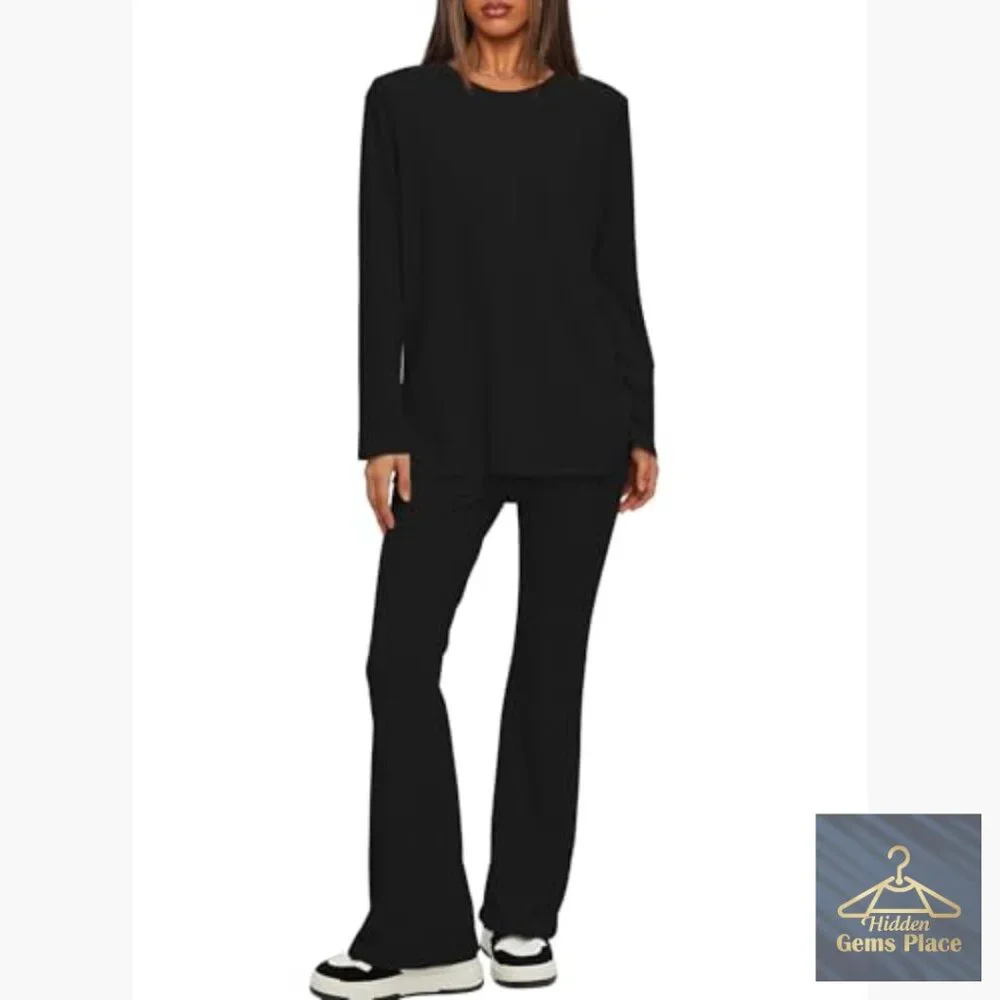 2 Piece Lounge Set Cross Waist Flare Pants Long Sleeve Tunic Top